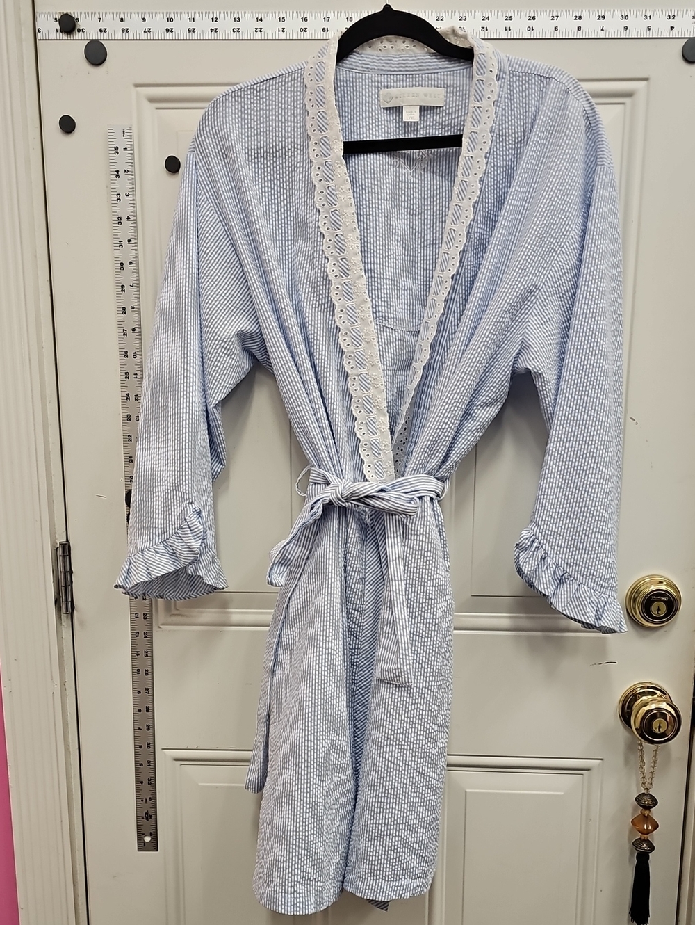 Eileen, West, Pajamas, Sleep, Light Blue, Seersucker, Robe, Lace, Summer, Cute
